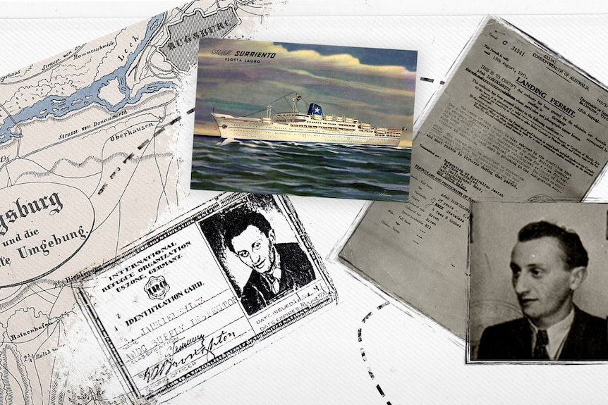 A graphic of old visa documents, maps and photographs.