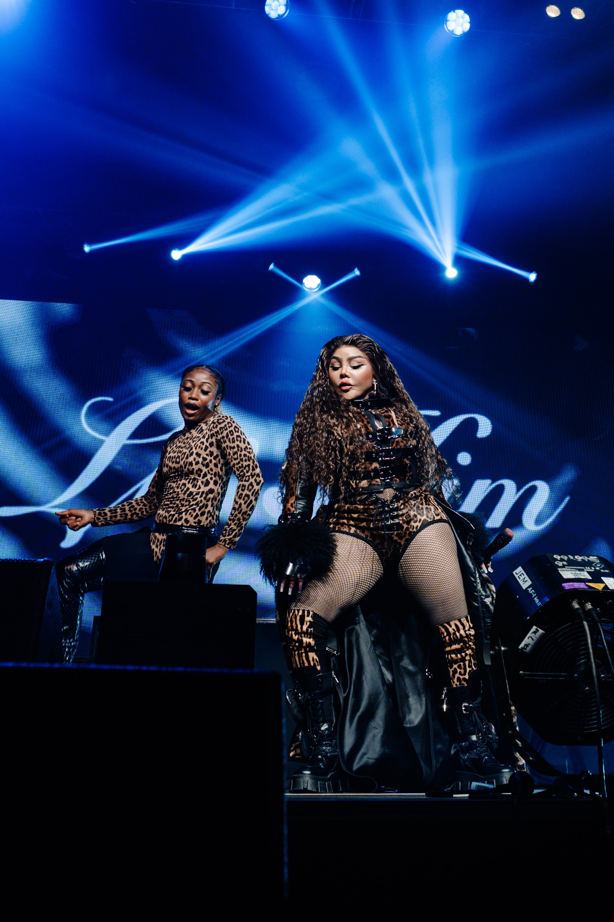 Lil' Kim performing on stage with long curly hair, and a back up singer to her left