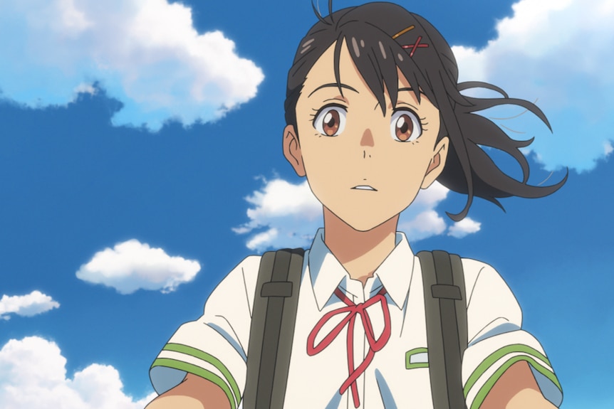 A still from an anime movie, where a teenage girl in a school uniform with a schoolbag, her hair in a ponytail, looks concerned.