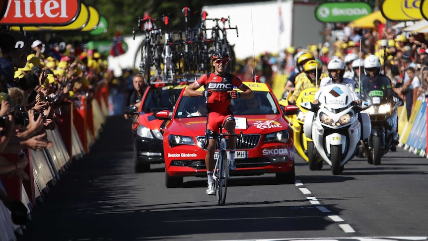 Belgium's Greg van Avermaet celebrates his win in stage five of 2016 Tour de France to Le Lioran.