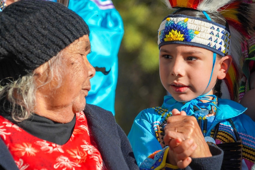 Pertame Matriarch Christobel Swan and a Native American kid