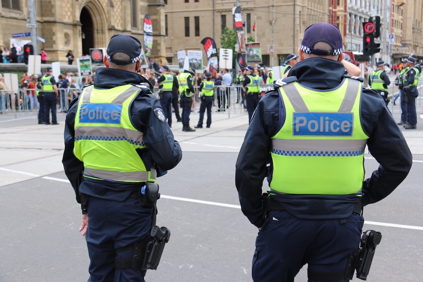 Victoria Police outside Flinders Street Station.