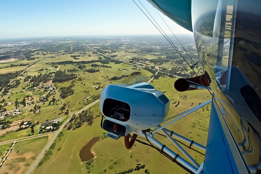 A shot from inside the window of Australia's only blimp