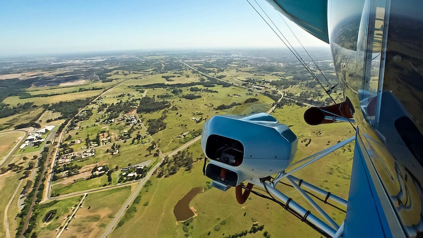 A shot from inside the window of Australia's only blimp