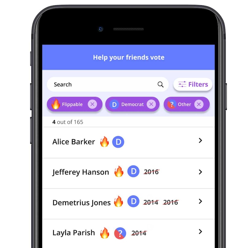 The screen of an iphone showing an app with a list of contacts, their political affiliation, and how marginal their seat is.