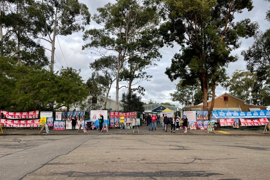 Corflutes cover school gate as people hand out how to vote cards