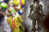 A composite image shows a clown with green hair holding balloons and a demonic looking clown.