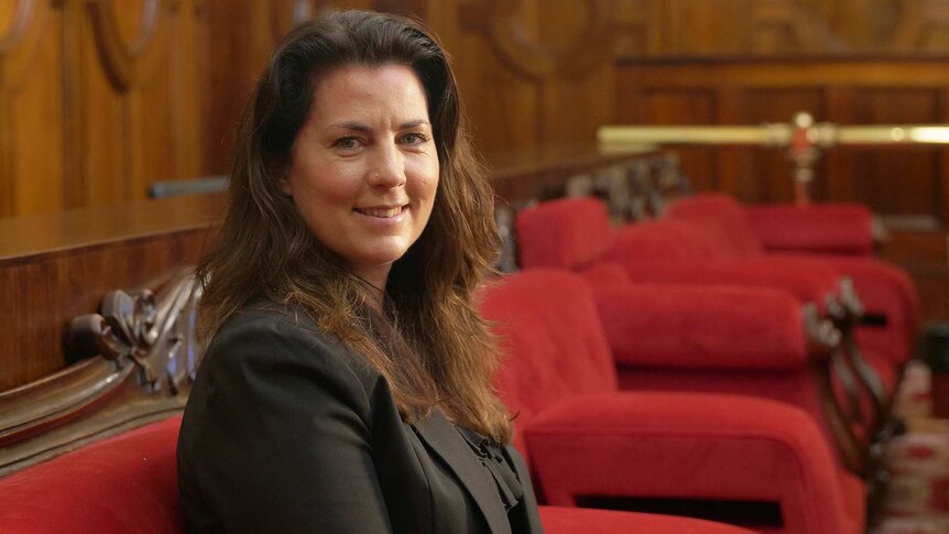 Meg Webb, MLC, smiles at the camera, sitting on the red chairs in the Legislative Assembly.