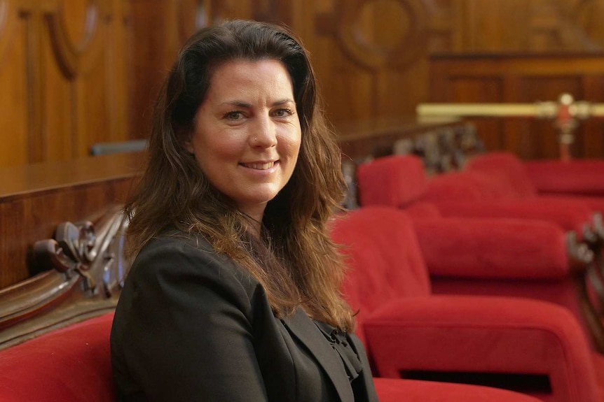 Meg Webb, MLC, smiles at the camera, sitting on the red chairs in the Legislative Assembly.