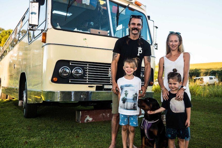 Trip (back left), Jay (back right), Hunter (front left) and Ace (front right) and their school bus home called 'Margie'