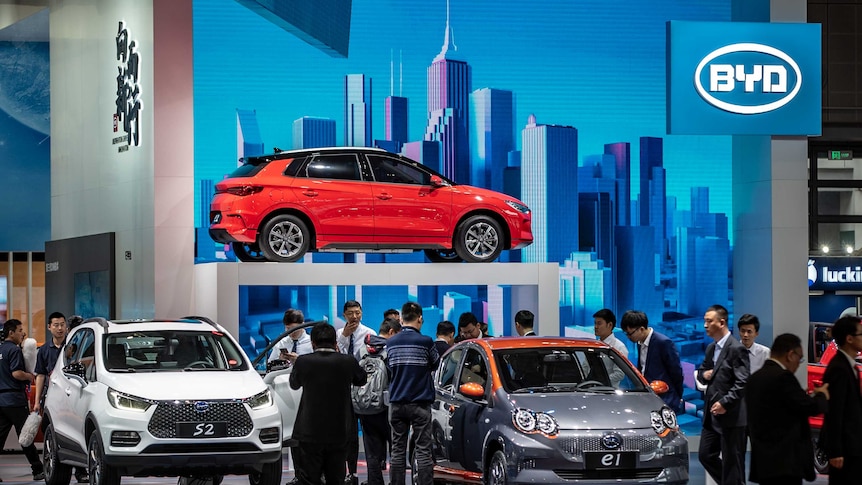 Cars on display at the BYD section of the Shanghai car show