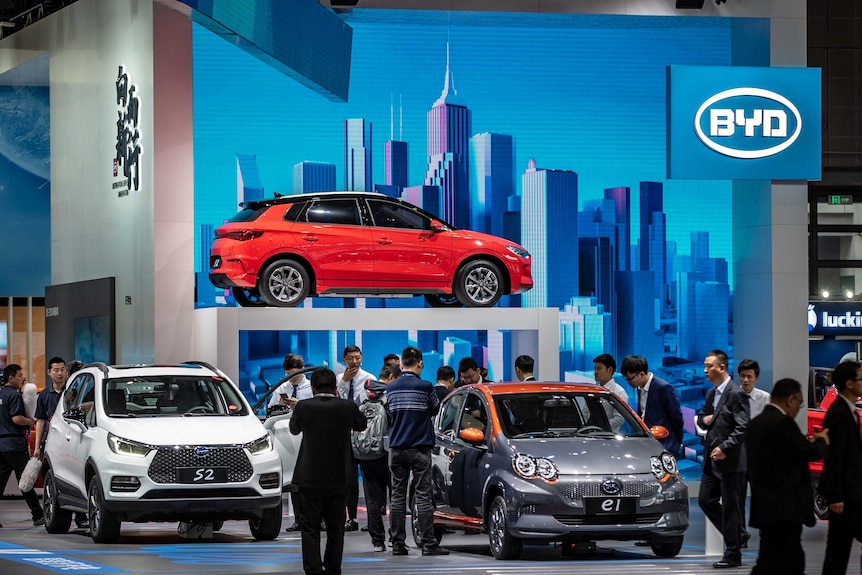 Cars on display at the BYD section of the Shanghai car show