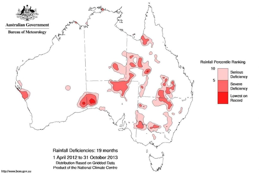 Map showing areas of Australia with deficient rainfall April 2012 - October 2013.