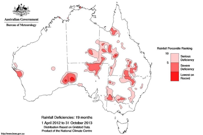 Map showing areas of Australia with deficient rainfall April 2012 - October 2013.