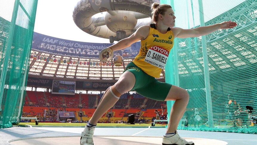 Australian discus thrower Dani Samuels competes at the world athletics championships.