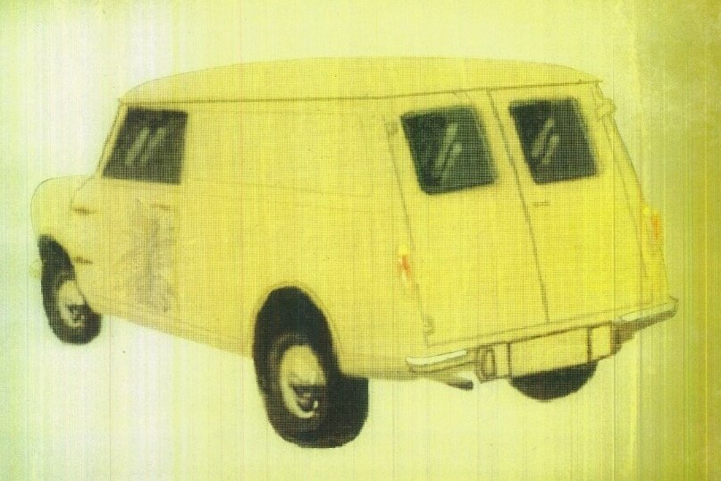 A drawing of a light cream-coloured Morris Mini panel van