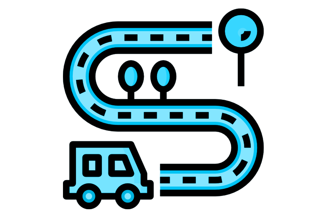 A blue cartoon graphic of a car about to travel a windy road over the word 'transport'