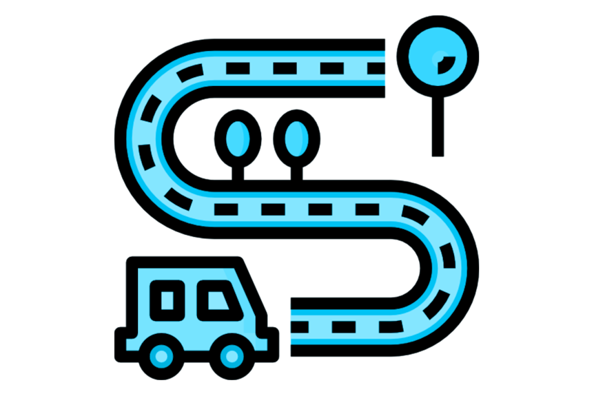 A blue cartoon graphic of a car about to travel a windy road over the word 'transport'