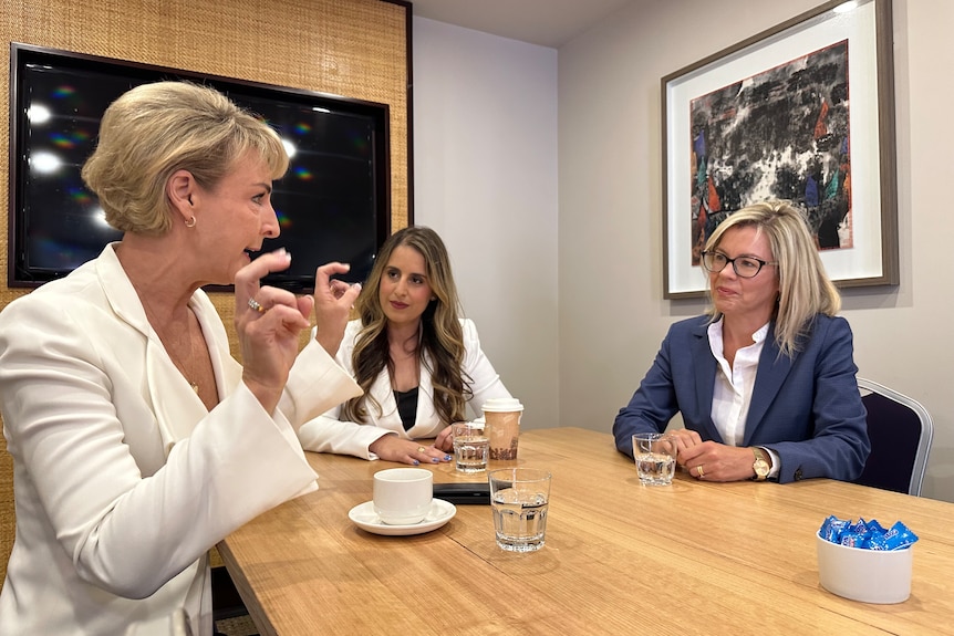 Three well dressed women sit chatting at a table.