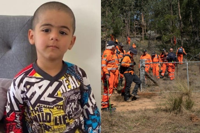 A boy in pyjamas next to a crew of SES volunteer searchers.