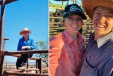 Two photos. First photo shows woman in outback cowgirl gear sitting on fence. Second photo shows two station hands smiling