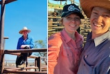 Two photos. First photo shows woman in outback cowgirl gear sitting on fence. Second photo shows two station hands smiling