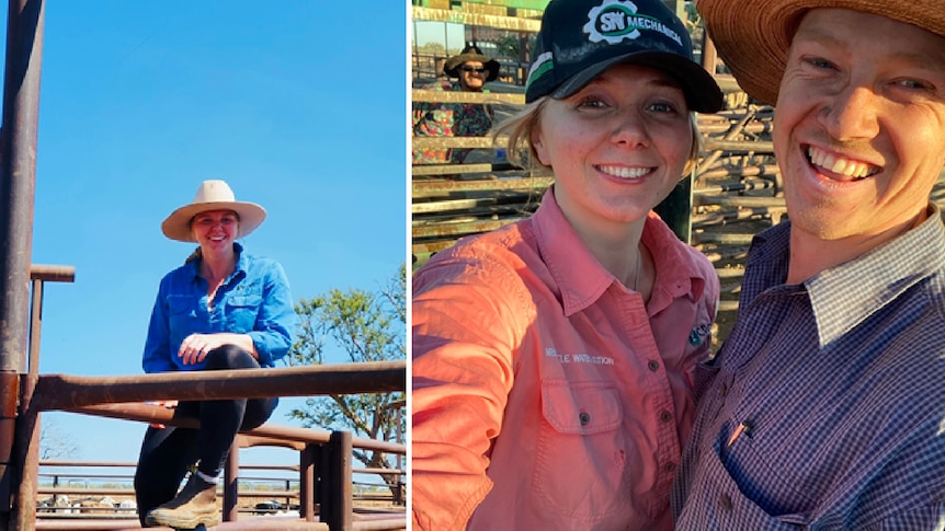 Two photos. First photo shows woman in outback cowgirl gear sitting on fence. Second photo shows two station hands smiling