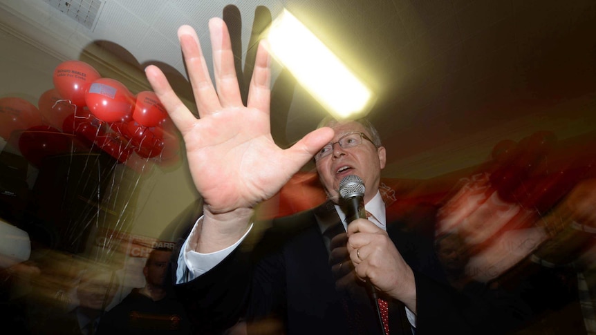 Kevin Rudd gestures during a speech to union members in Geelong