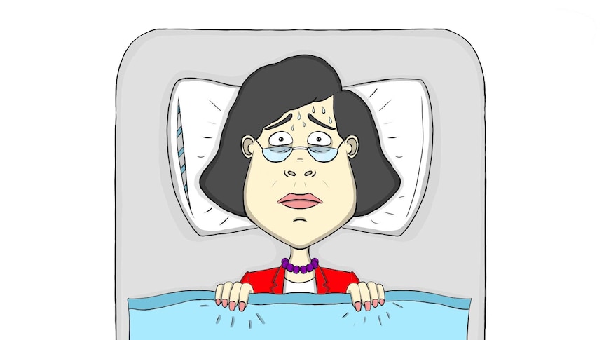 An illustration of a woman wearing business attire in bed, sweating and looking nervous