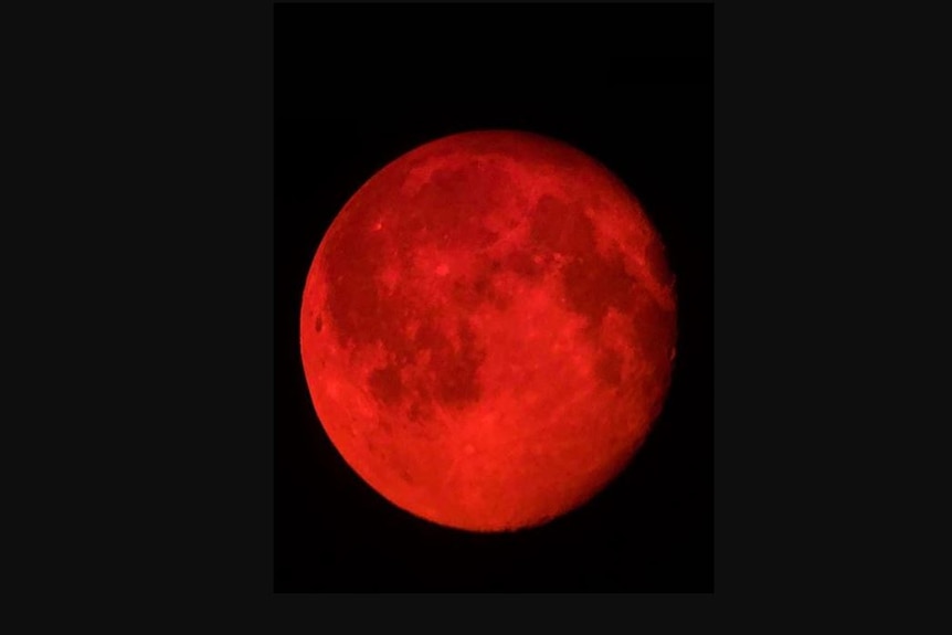 A blood-red moon against a black night sky.