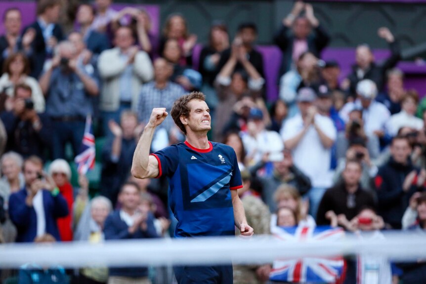 Andy Murray celebrates his semi-final win over Novak Djokovic at the London 2012 Olympic Games.