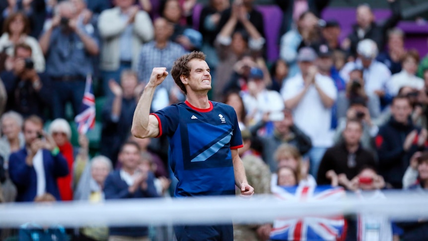 Andy Murray celebrates his semi-final win over Novak Djokovic at the London 2012 Olympic Games.