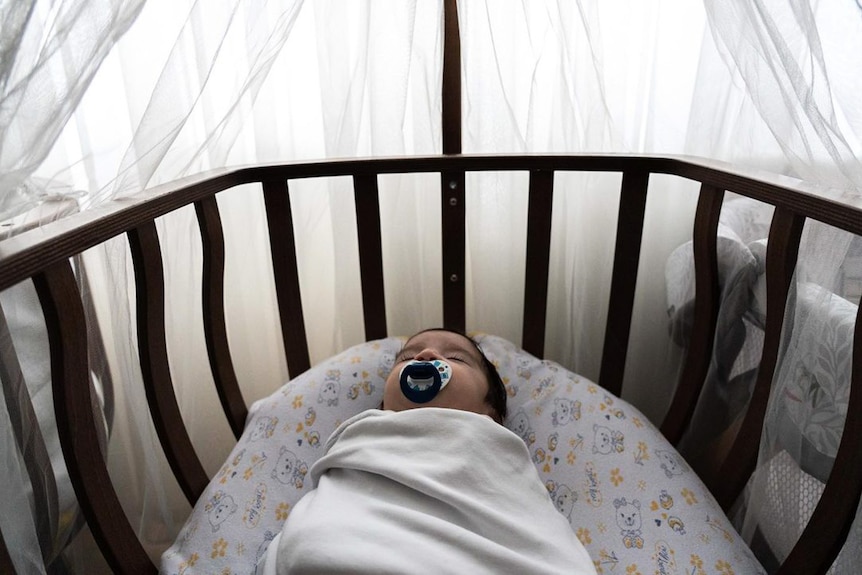 A baby wrapped in a white cloth and with a dummy sleeps in a cot.