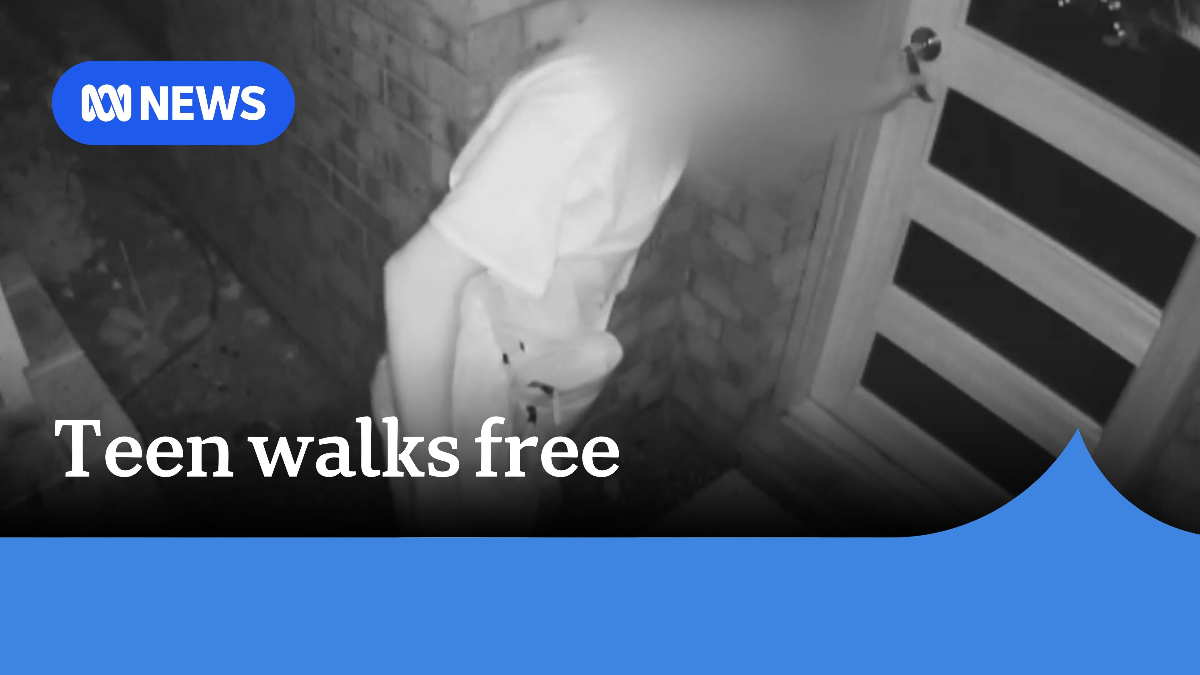 Teen walks free: Screengrab of black and white CCTV of a person with their face blurred about to enter a gate.