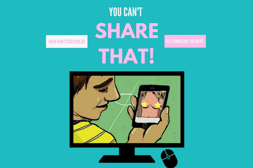 A cartoon showing a man holding his phone with a photo of a topless woman on it.