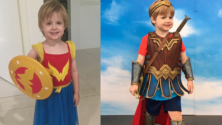 Four-year-old Jaxon in his Wonder Woman armour before and after