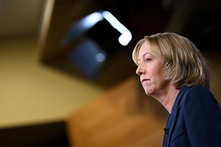 A side profile of a woman standing at a podium