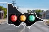 A graphic with traffic lights superimposed on a map of Victoria with a view of a country road in the background.