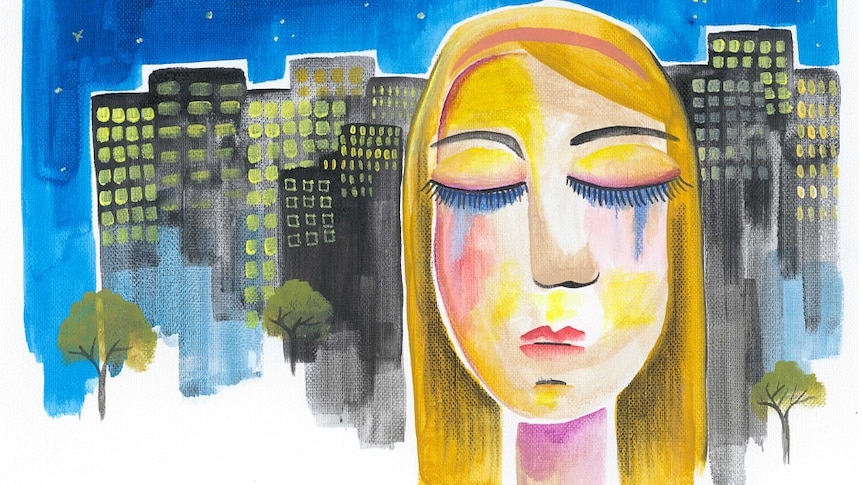 An illustration shows a woman with closed eyes, crying, in front of a cityscape.