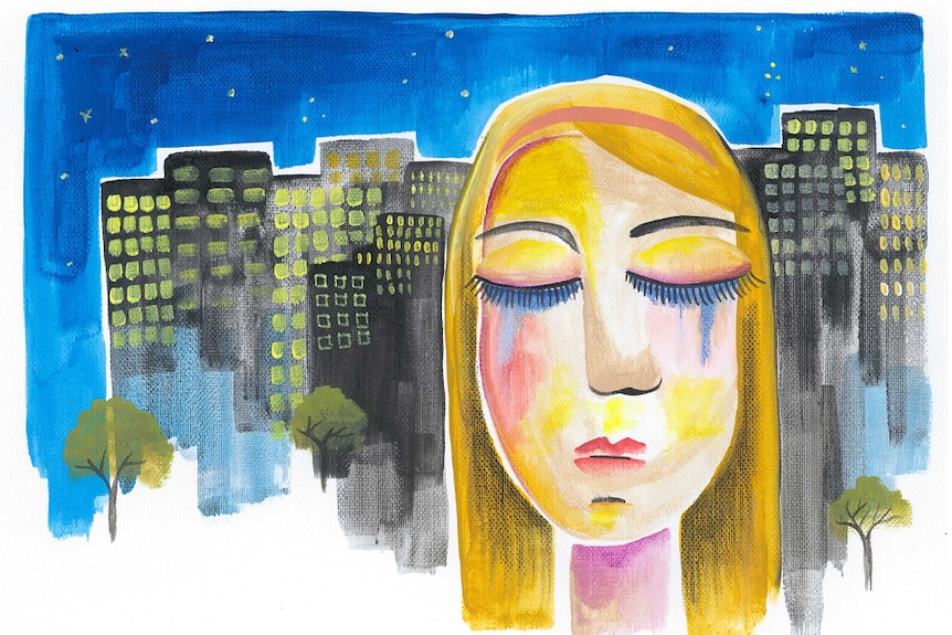 An illustration shows a woman with closed eyes, crying, in front of a cityscape.