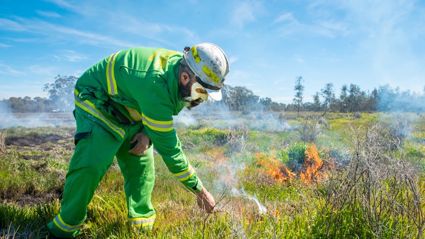 Parks Victoria's Dja Dja Wurrung ranger team leader Trent Nelson at a cultural burn in central Victoria.