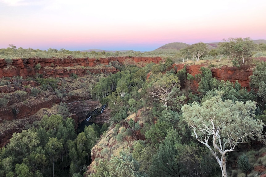 Large view of a red rock gorge with waterfall through the centre and sunset in the distance. 