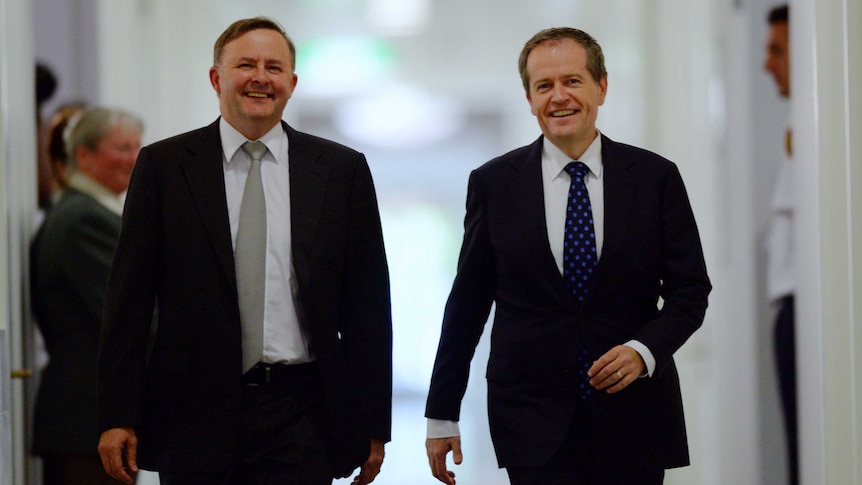 Anthony Albanese and Bill Shorten arrive to cast their leadership votes at Parliament House on October 10.