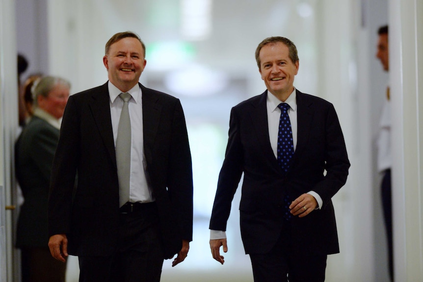 Anthony Albanese and Bill Shorten arrive to cast their leadership votes at Parliament House on October 10.