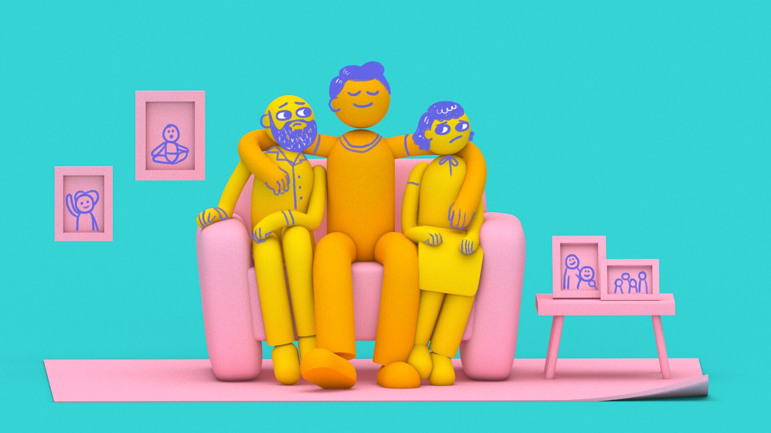 Illustration of a grown son and parents sitting on a couch to depict the rising trend of intergenerational living.
