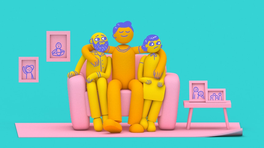 Illustration of a grown son and parents sitting on a couch to depict the rising trend of intergenerational living.