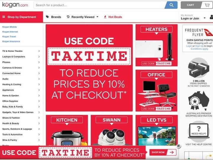 Screenshot of Kogan website, promoting the allegedly false 10 per cent discount.