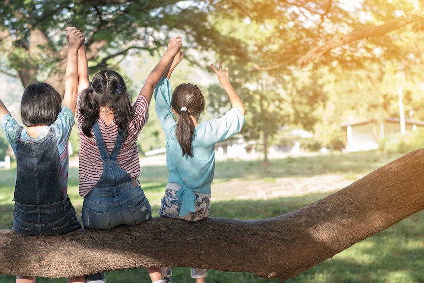 Three children sit on a tree trunk  in a park making shapes with their arms