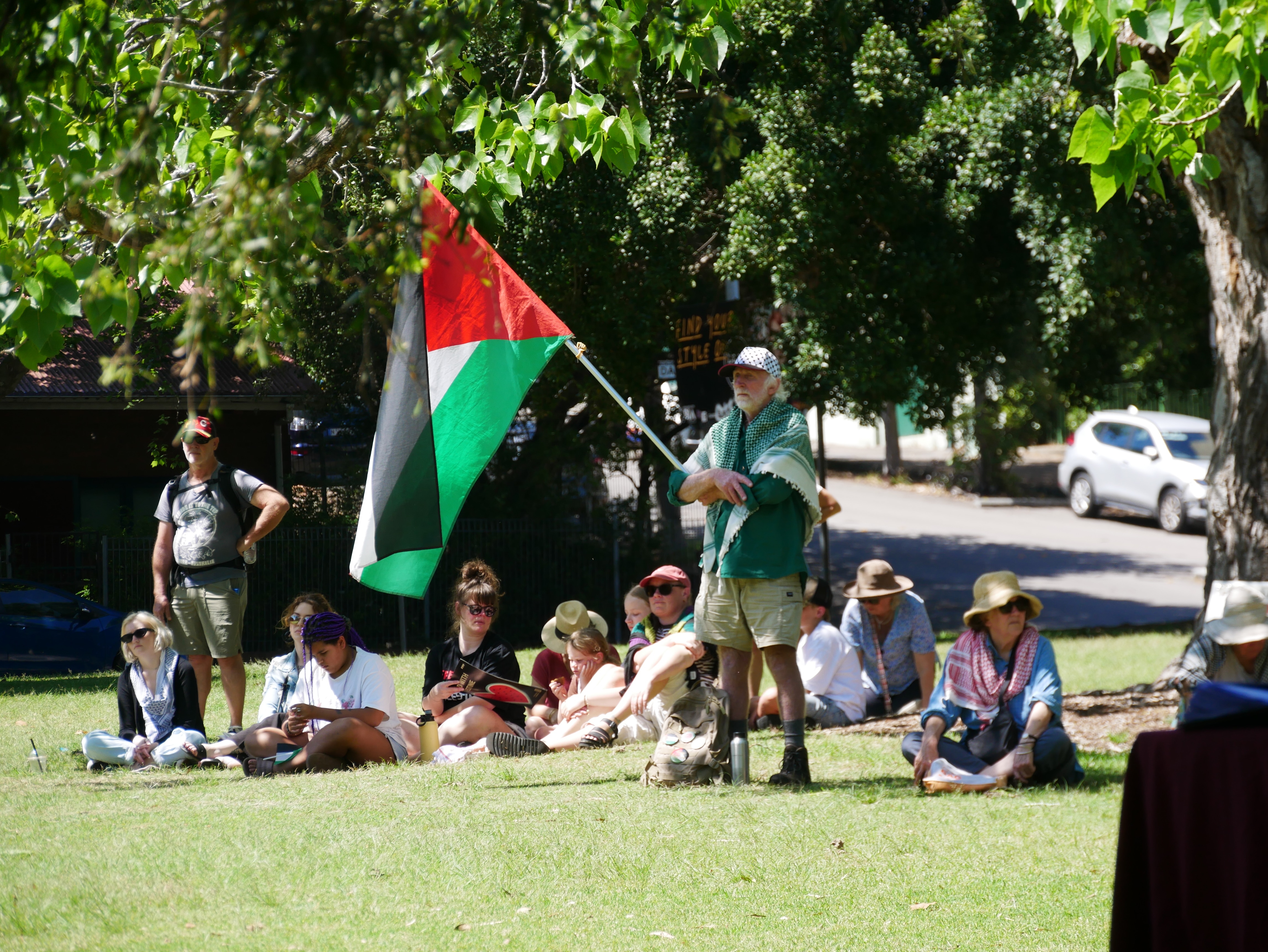 A man wearing a keffiyeh, shorts and shirt waves a Palestinian flag while others sit behind him at a park.