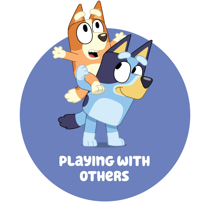 Circular image of Bluey with Bingo sitting on her back, with the text "Playing with others"